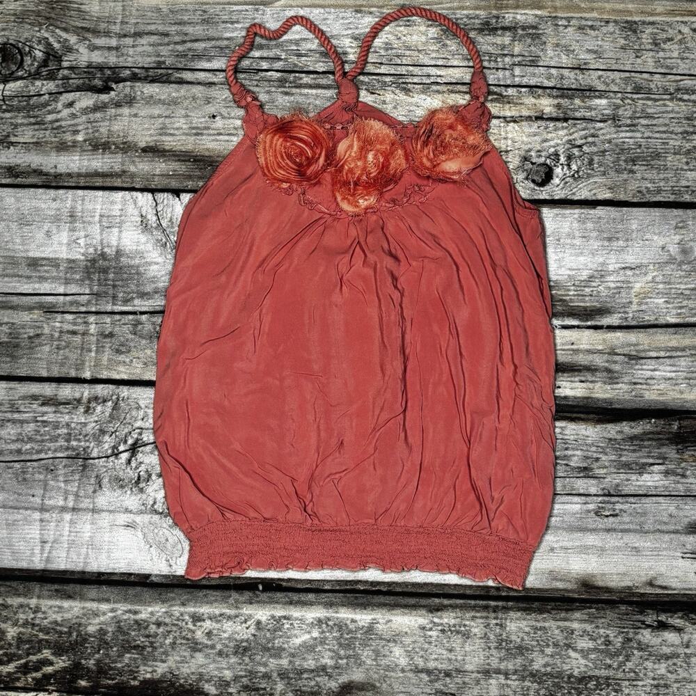 Y2K Boho Halter Top Womens Medium Coral 3D Floral Applique Rayon Festival 2000s